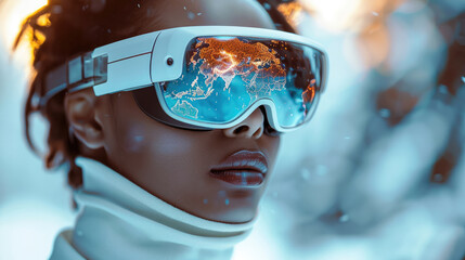 Poster - Man in white turtleneck wear virtual reality glasses with holographic world map inside and holographic waves outside isolated on white background.