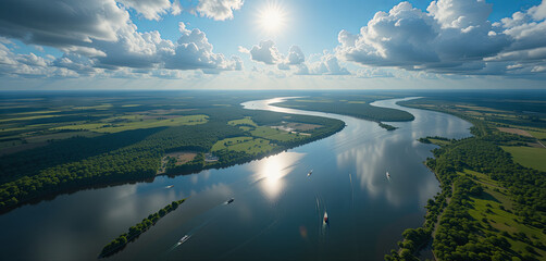 Wall Mural - A breathtaking aerial view captures a winding river reflecting the sun's rays as it flows through a lush green landscape dotted with trees and clouds