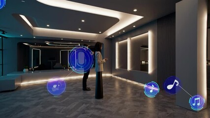Poster - Engaging conversation in a modern lounge with interactive technology being explored by two individuals