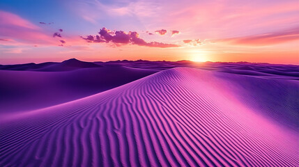 stunning purple desert landscape with dramatic sand dunes at sunset