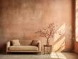 © FiligreeDigital - Terracotta japandi and wabi sabi style living room with terracotta stucco textured walls, light couch