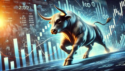 bull in the dark whit background  market graph