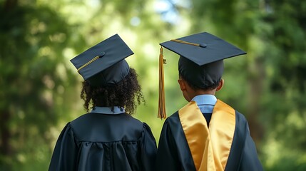 a graduate and their younger sibling comparing graduation caps for a fun photo