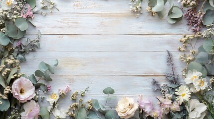 Wall Mural - Delicate pastel flowers arranged on weathered wood