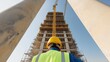 © Vadym - Construction engineers inspect reinforced concrete columns on high-rise construction site. Perform quality assurance checks. Crane visible in scene. Tall building under construction seen. Engineers