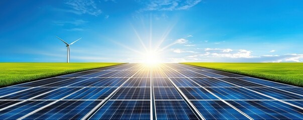 Poster - A vast expanse of solar panels under a bright sun, alongside a wind turbine, symbolizing renewable energy and sustainability.