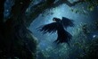© AZIZAH ART Ai - Dark winged creature flies near mossy tree, night.