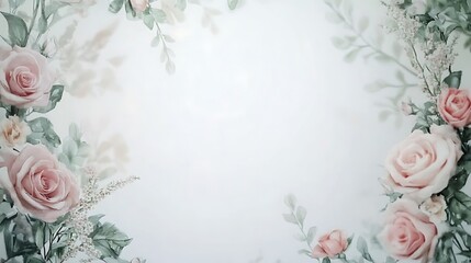 Wall Mural - Delicate Pink Roses and Greenery Frame a Soft Background