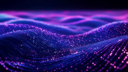 Wall Mural - Digital wave particle flow animation in purple and blue colors. Abstract technology background with glowing dots. Futuristic motion design concept for tech presentation with copy space