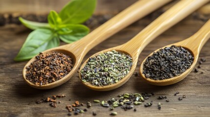 Three wooden spoons filled with various spices on a wooden surface, garnished with basil leaves.