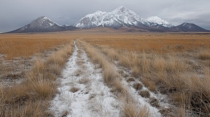 Canvas Print - Snowy path leading to majestic snow-capped mountains under a cloudy sky.