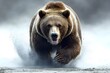© 일 박 - A grizzly bear is charging forward terrifyingly, kicking up dust.