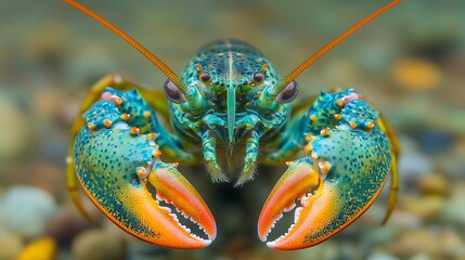 Close-up of a vibrant, colorful lobster with prominent claws.