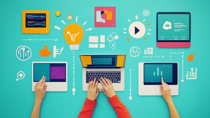 Software development concepts and programming for various devices, Software Engineer Computer programmer, coding process, chart, testing platform Data analytics, online safety.