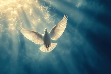 A divine bird soars above radiant light beams down a dove representing love and peace comes down from the heavens