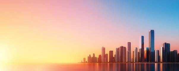 Wall Mural - A stunning skyline at sunset, showcasing modern skyscrapers reflecting vibrant colors over calm waters.