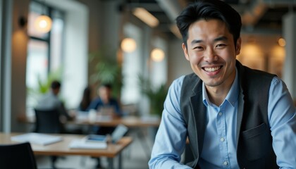 A man sitting at a table smiling at the camera