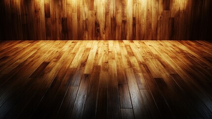 Wall Mural - Empty room with illuminated wooden walls and floor.