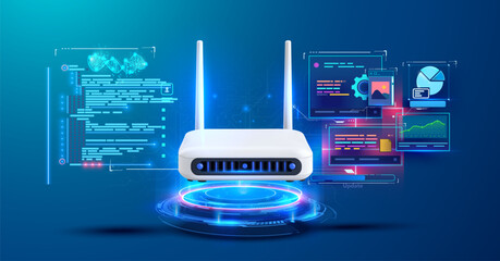 Poster - A sleek white wireless router stands in the center, surrounded by glowing graphics and charts representing data analytics and network monitoring, reflecting technological advancement.