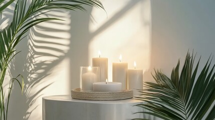 Wall Mural - A serene display of lit candles surrounded by greenery, creating a calming atmosphere.