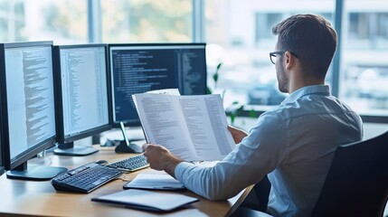 Working IT developer reading coding on document paper software with screens pc at modern office on coding application screens, creating updated program firmware information version concept. Gusher.
