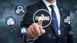 © watz - Businessperson touches interactive screen displaying funding options and financial icons..