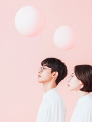 Aufkleber - Contemplative South Korean Students in Surreal Pastel Space with Floating Spheres