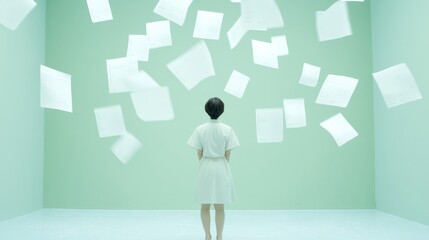 Aufkleber - Contemplative Woman in Minimalistic Space with Floating Papers Under Ethereal Light