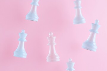 Aufkleber - Floating Pastel Chess Pieces Against Soft Pink Background Conceptual Board Game Art