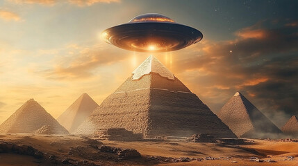 ufo hovers above ancient pyramids in a vast desert landscape glowing with otherworldly magic light e