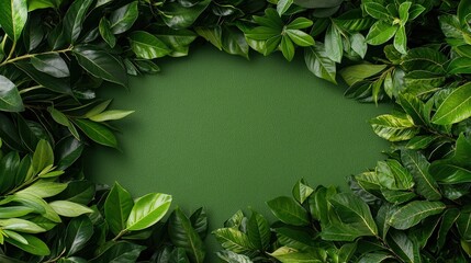 Wall Mural - Lush green foliage creates a frame around a dark green background, ideal for text or design elements.