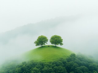 Wall Mural - Mist-Covered Hill with Twin Trees Embodying Tranquility and Natural Solitude