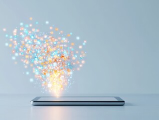 Leinwandbilder - Glowing Tablet with Pastel Icons and Digital Flows Concept of Virtual Learning and Connection