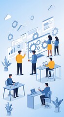 Illustration of a team working on mobile application development, integrating design and coding for innovative user experiences.