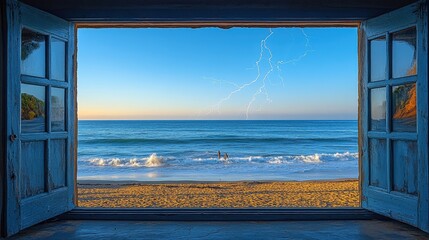 Wall Mural - Expansive view of a serene beach at dawn through a charming casement window