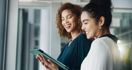 Aufkleber - Women, tablet and teamwork on profit in office, budget plan and online for economy research. Business people, collaboration and website for accounting feedback, discussion and support for proposal