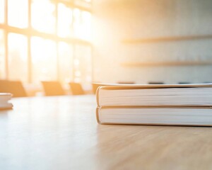 Poster - Tranquil Library Ambiance with Sunlit Books on Wooden Table