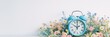 © Iuliia Metkalova - Daylight savings time change and reminder to spring forward concept with clock on light background with springtime flowers