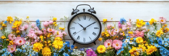 Wall Mural - Daylight savings time change and reminder to spring forward concept with clock on light background with springtime flowers