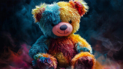 mixed color teddy bear toy with thick mixed color fur  isolated on blurred background