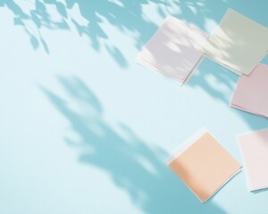 Leinwandbilder - Minimalist Pastel Paper Arrangement with Surreal Shadows on Blue Background
