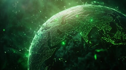 Map of the planet. Global social network. Future. Vector.Green futuristic background with planet Earth. Internet and technology. Floating Green plexus geometric background.