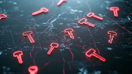 Leinwandbilder - Futuristic Digital Security Concept with Glowing Keys on Reflective Surface