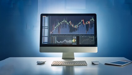 trading monitor with high resolution stock chart screen showing various technical indicators and can