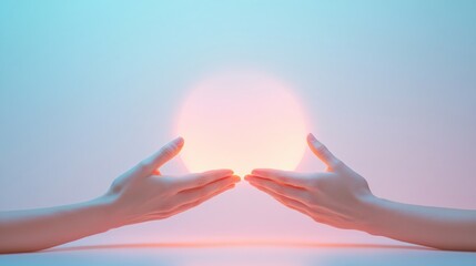 Canvas Print - Minimalist Hands Gesturing Toward Abstract Pastel Sphere in Soft Gradient Background