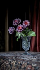 Wall Mural - A bouquet of purple roses in a crystal vase on a decorative table.