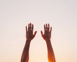 Hands Raised Against Sunset Sky Symbol of Unity and Triumph in Open-Air Arena