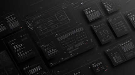 Software development workflow revealing diagrams, code snippets, and technical documentation sprawling across dark workspace surface