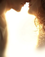 Wall Mural - A close-up of two people about to kiss, surrounded by a glowing light.