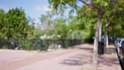 Wall Mural - Blurry image of an outdoor city street with trees and parked cars, creating a bokeh effect with a focus on the background foliage and pavement